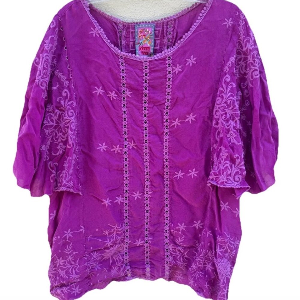 Johnny Was Blouse Women Size Large Purple Sunflower Alta Embroidered Flare Top